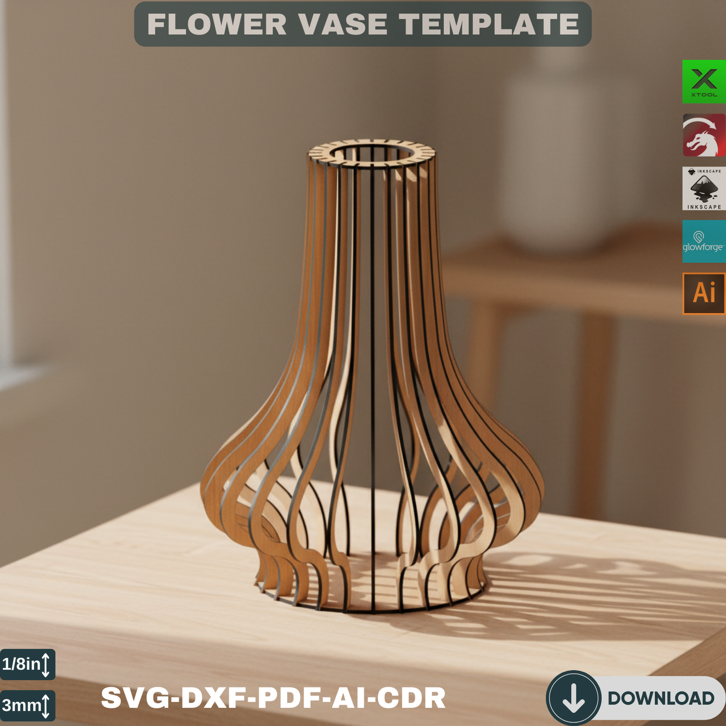 Laser Cut Flower Vase SVG, Wooden Vase Template, Modern Floral Decor, Glowforge File for Home Gift