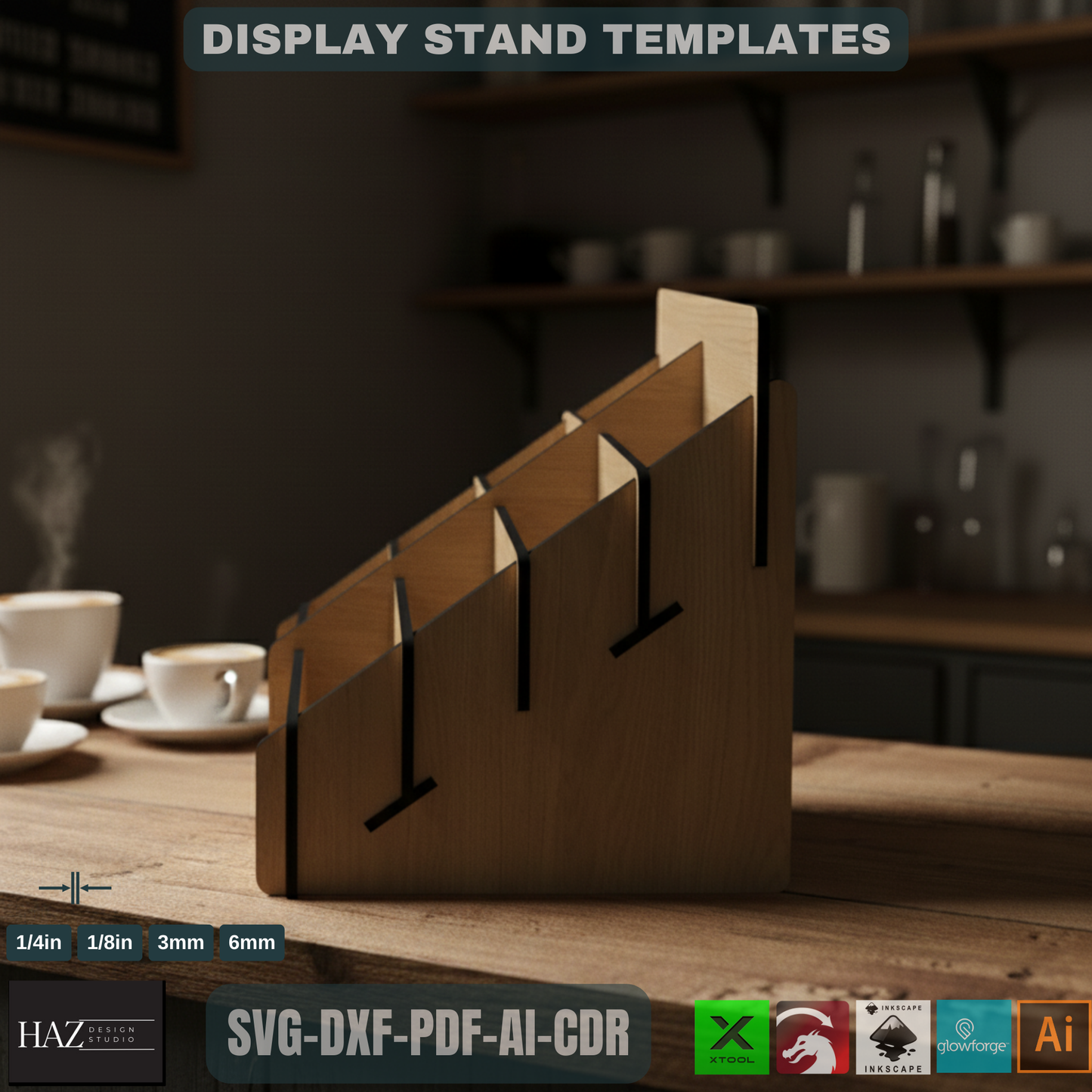 4 Shelf Display Stand / Retail Counter Cardboard Brochure and Leaflet Display / Vector Files For Wood Laser Cutting SVG DXF 180