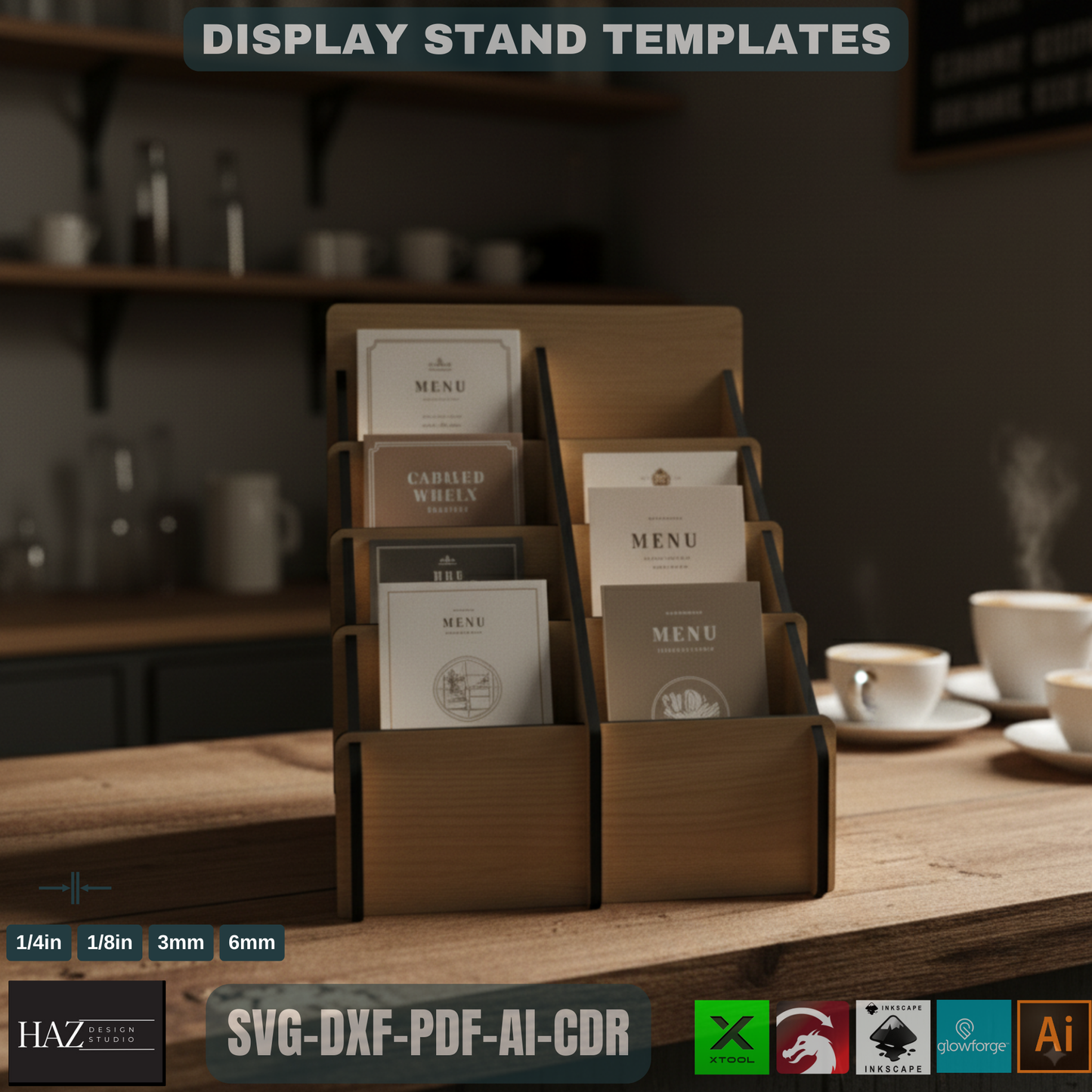 4 Shelf Display Stand / Retail Counter Cardboard Brochure and Leaflet Display / Vector Files For Wood Laser Cutting SVG DXF 180