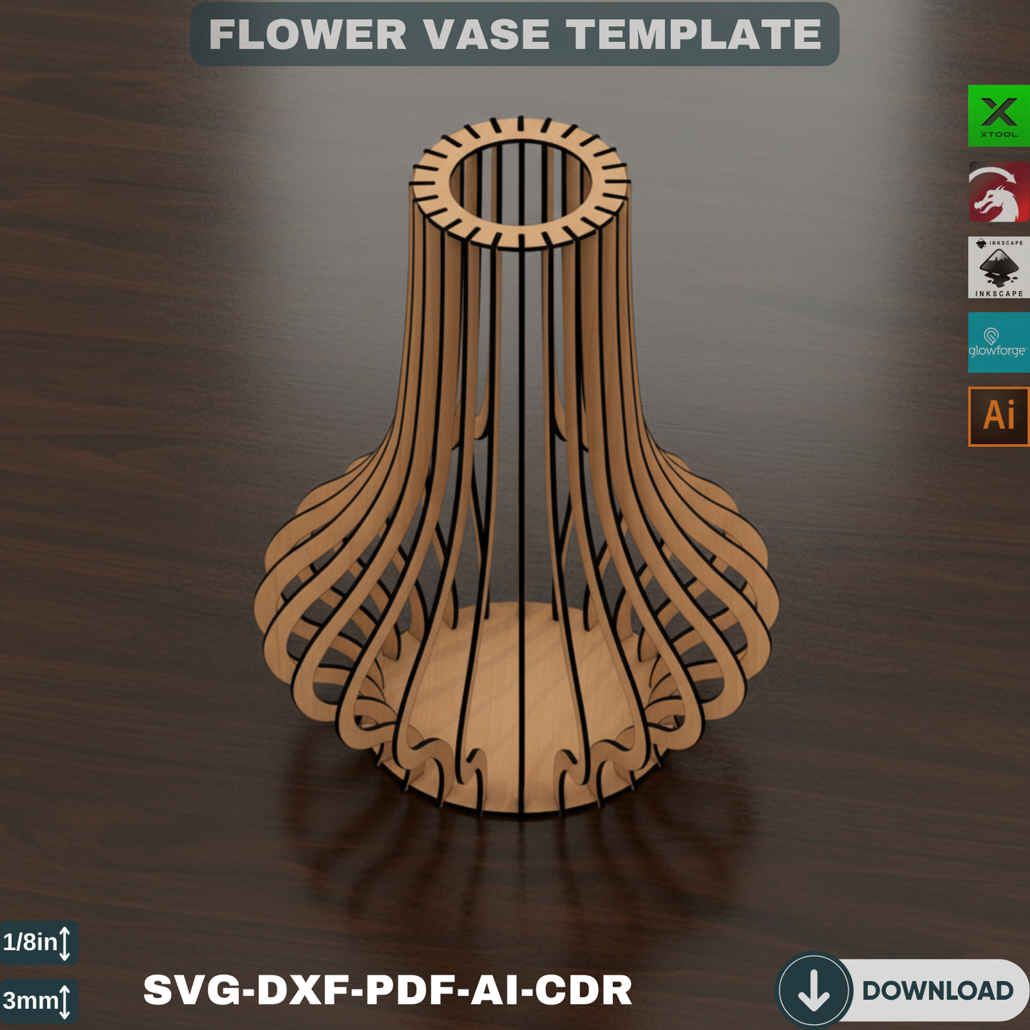 Laser Cut Flower Vase SVG, Wooden Vase Template, Modern Floral Decor, Glowforge File for Home Gift