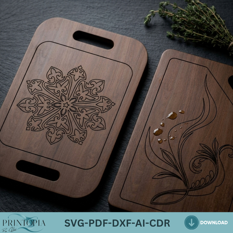 Mandala Cutting Board Laser Cut File Engraved Charcuterie Board Design Plywood Serving Tray Template