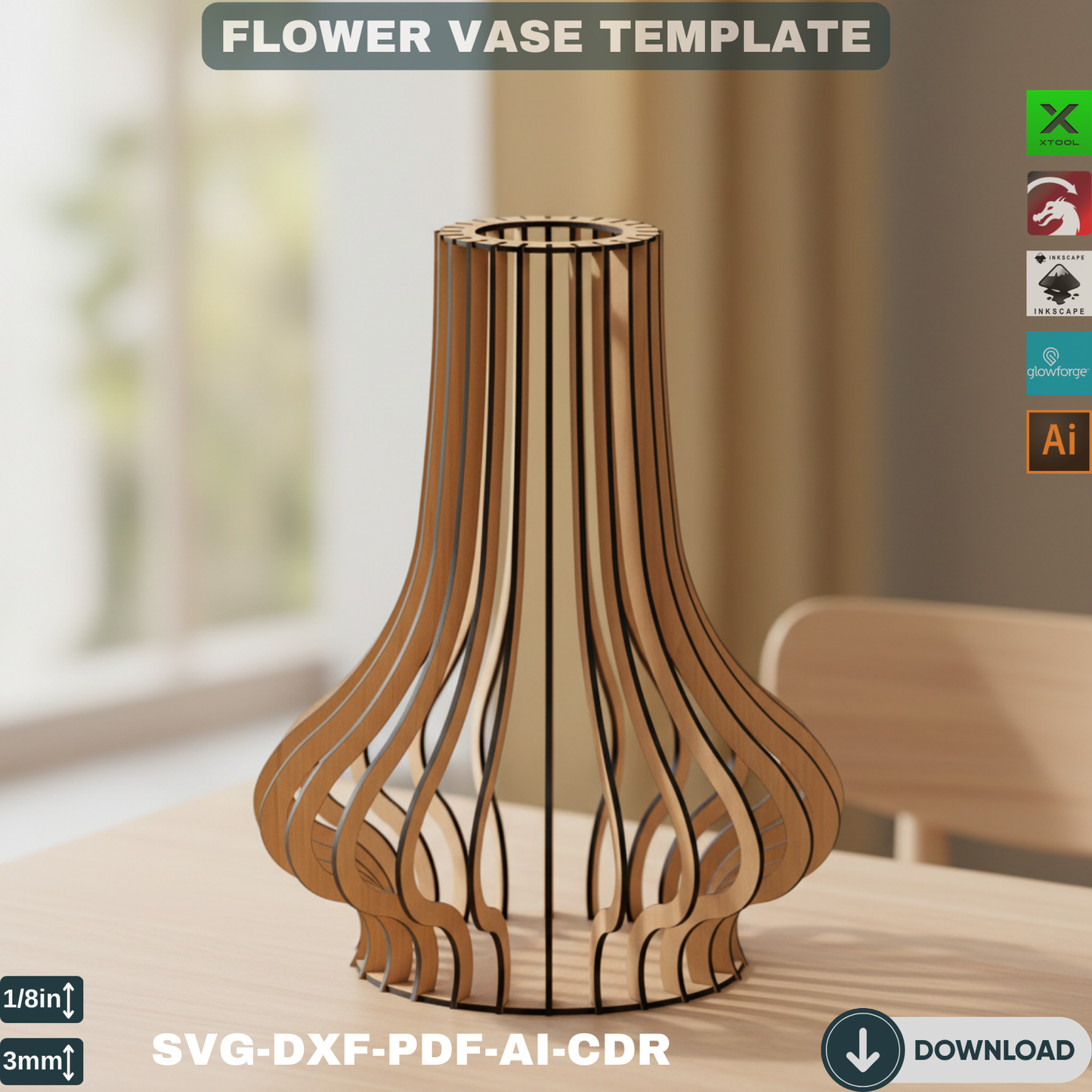 Laser Cut Flower Vase SVG, Wooden Vase Template, Modern Floral Decor, Glowforge File for Home Gift