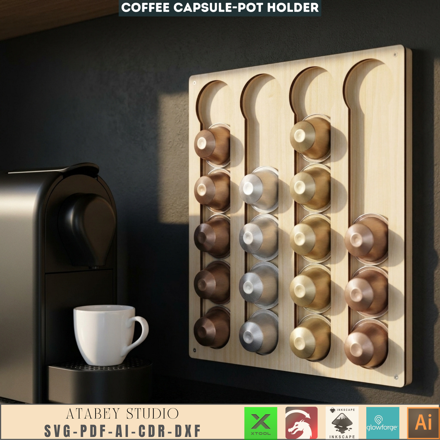 Modern Coffee Pod Holder | Wooden Wall Mount Organizer for Coffee Capsules
