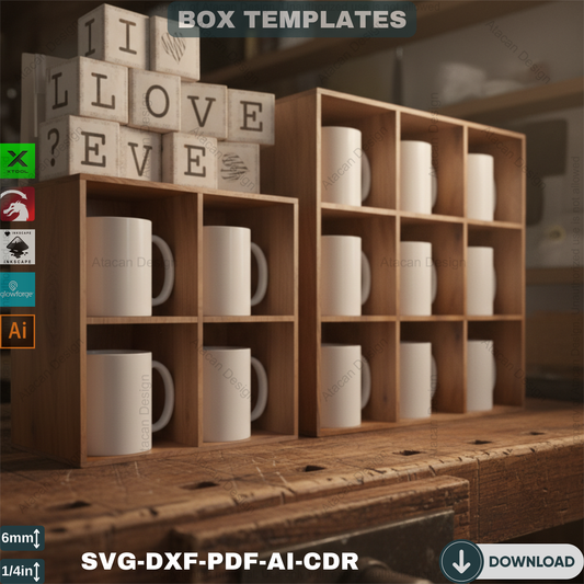 Two Sizes Mug Display Box - Cup Storage Organizer, DIY Kitchen Decor - Wooden Box Laser Project 567