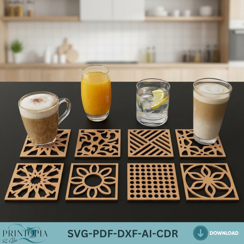 Geometric Flower Wooden Coaster Modern Kitchen Decor DIY Drink Coaster Templates