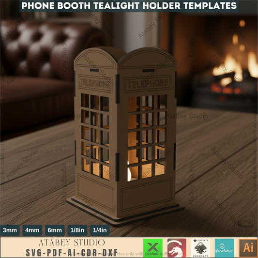 British London Phone Booth Tea Light holder - English Telephone Lantern Candle Holder - Wooden Vector Cut Files Svg Dxf Cdr Ai 569