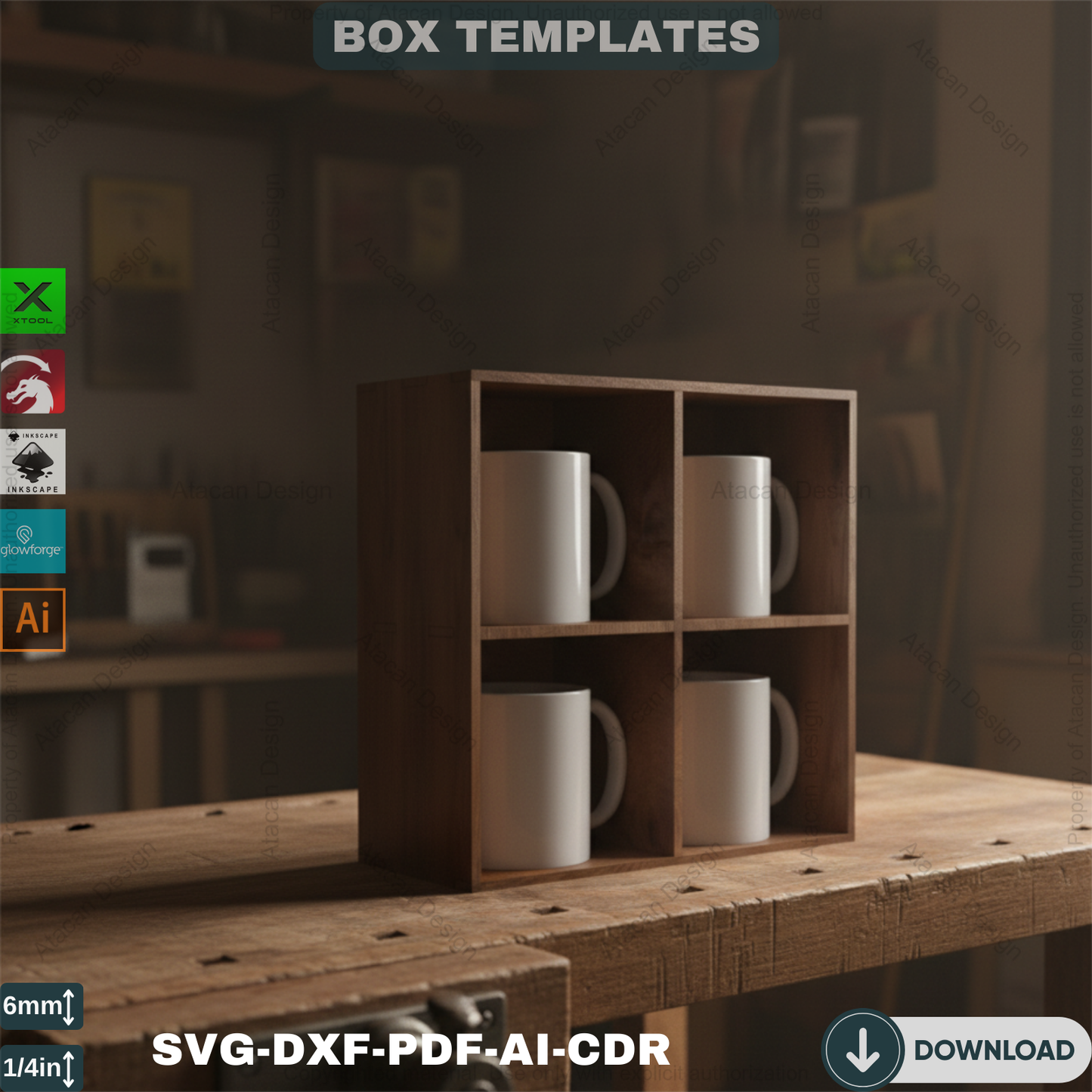 Two Sizes Mug Display Box - Cup Storage Organizer, DIY Kitchen Decor - Wooden Box Laser Project 567