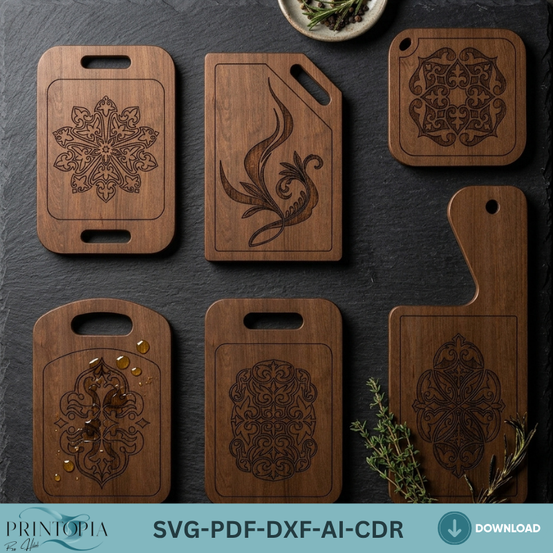 Mandala Cutting Board Laser Cut File Engraved Charcuterie Board Design Plywood Serving Tray Template