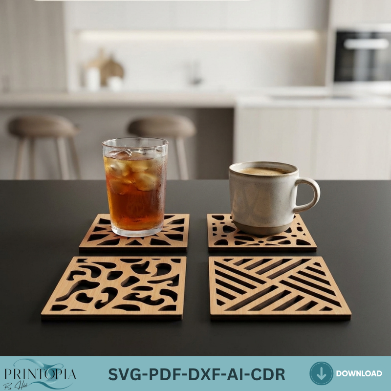 Geometric Flower Wooden Coaster Modern Kitchen Decor DIY Drink Coaster Templates