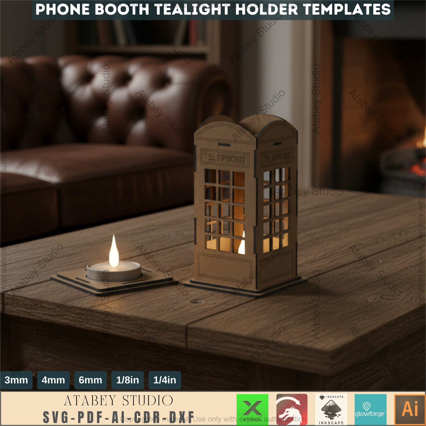 British London Phone Booth Tea Light holder - English Telephone Lantern Candle Holder - Wooden Vector Cut Files Svg Dxf Cdr Ai 569