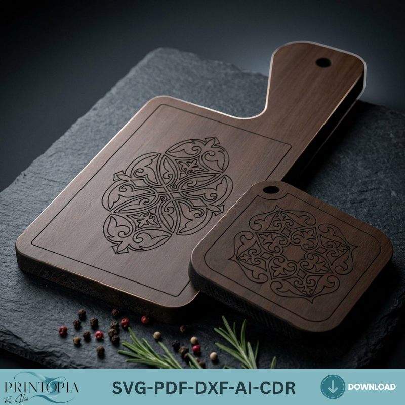 Mandala Cutting Board Laser Cut File Engraved Charcuterie Board Design Plywood Serving Tray Template