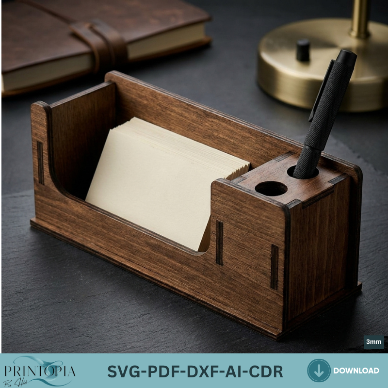 Wooden Business Card Holder and Pen Stand Laser Cut Template Plywood Desk Organizer