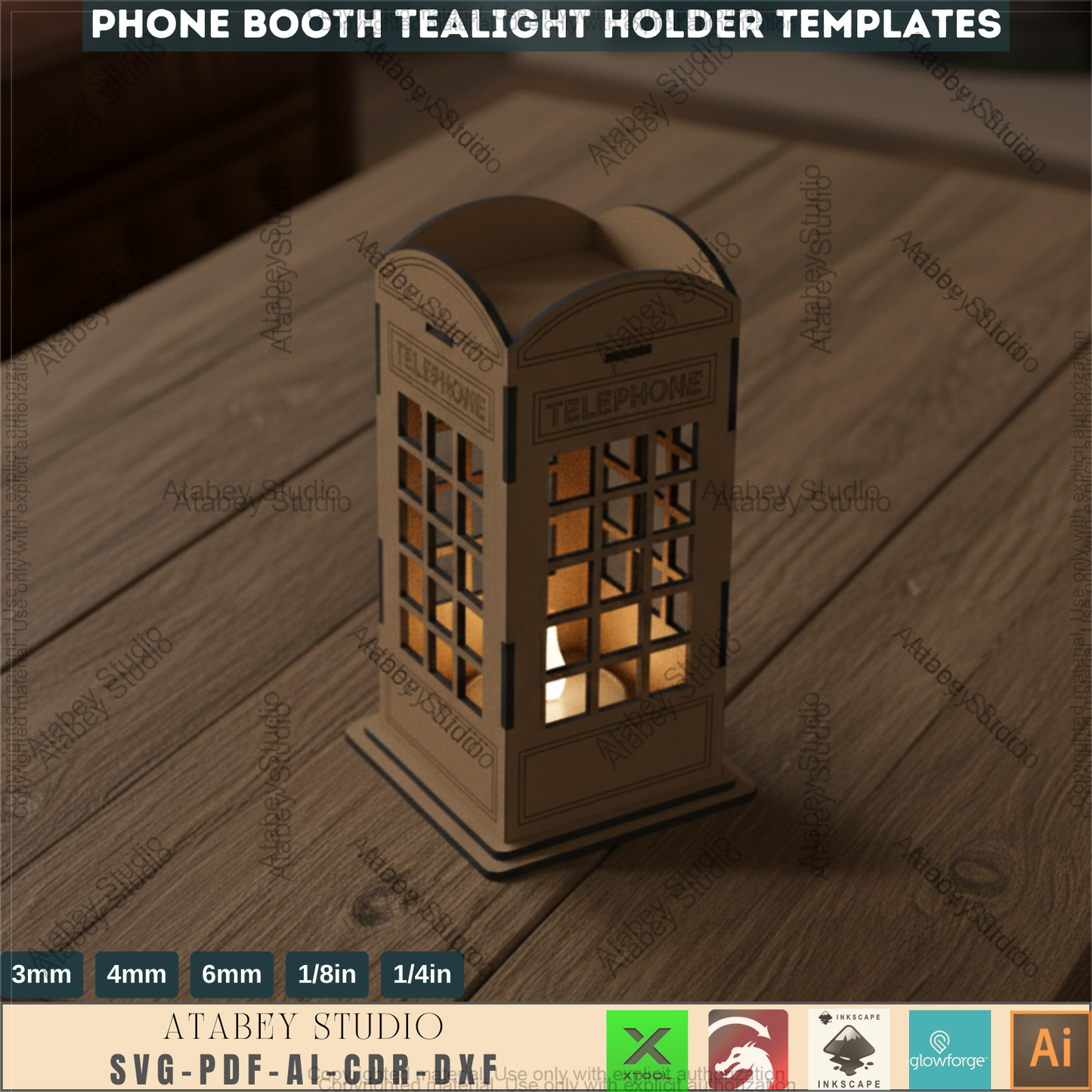 British London Phone Booth Tea Light holder - English Telephone Lantern Candle Holder - Wooden Vector Cut Files Svg Dxf Cdr Ai 569