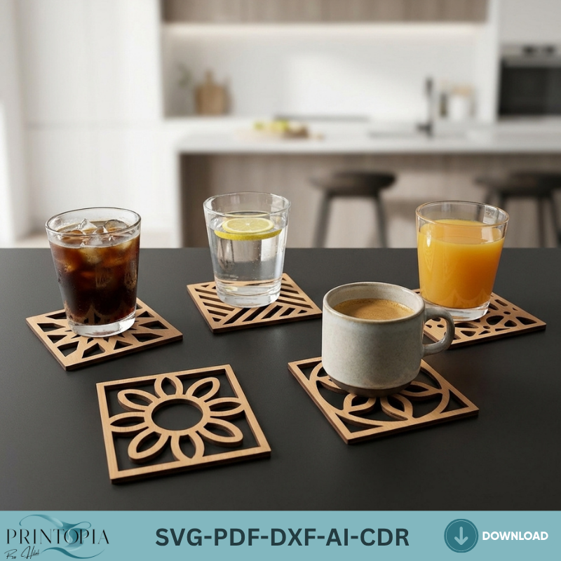 Geometric Flower Wooden Coaster Modern Kitchen Decor DIY Drink Coaster Templates