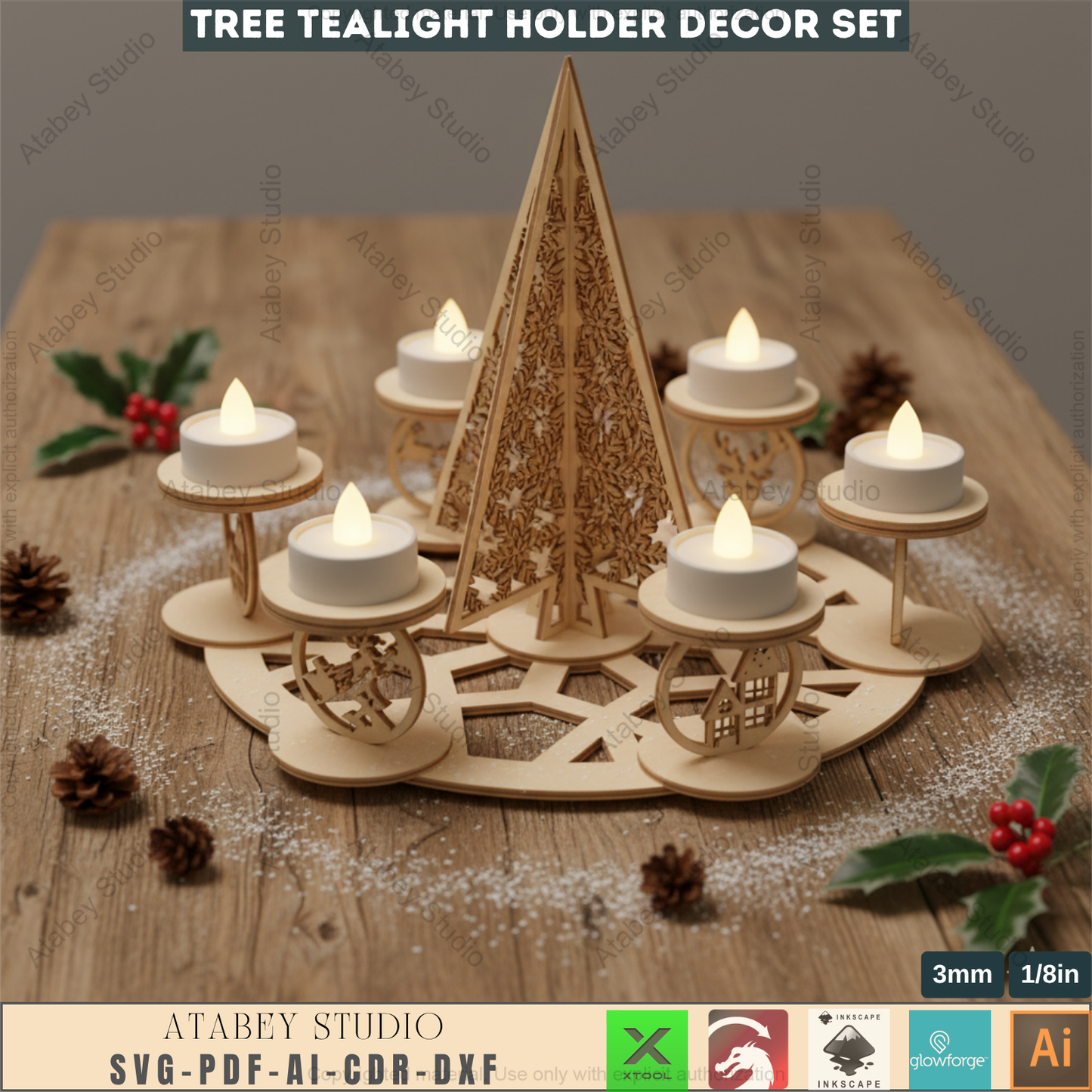 Festive Tree Lantern, Holiday Tea Light, New Year Themed Laser Cut Digital Download, Laser File Christmas Candles Tealight Holder Trees File Candle holder Christmas SVG, Christmas Snowflake trees candles Advent wreath laser file tealight  968