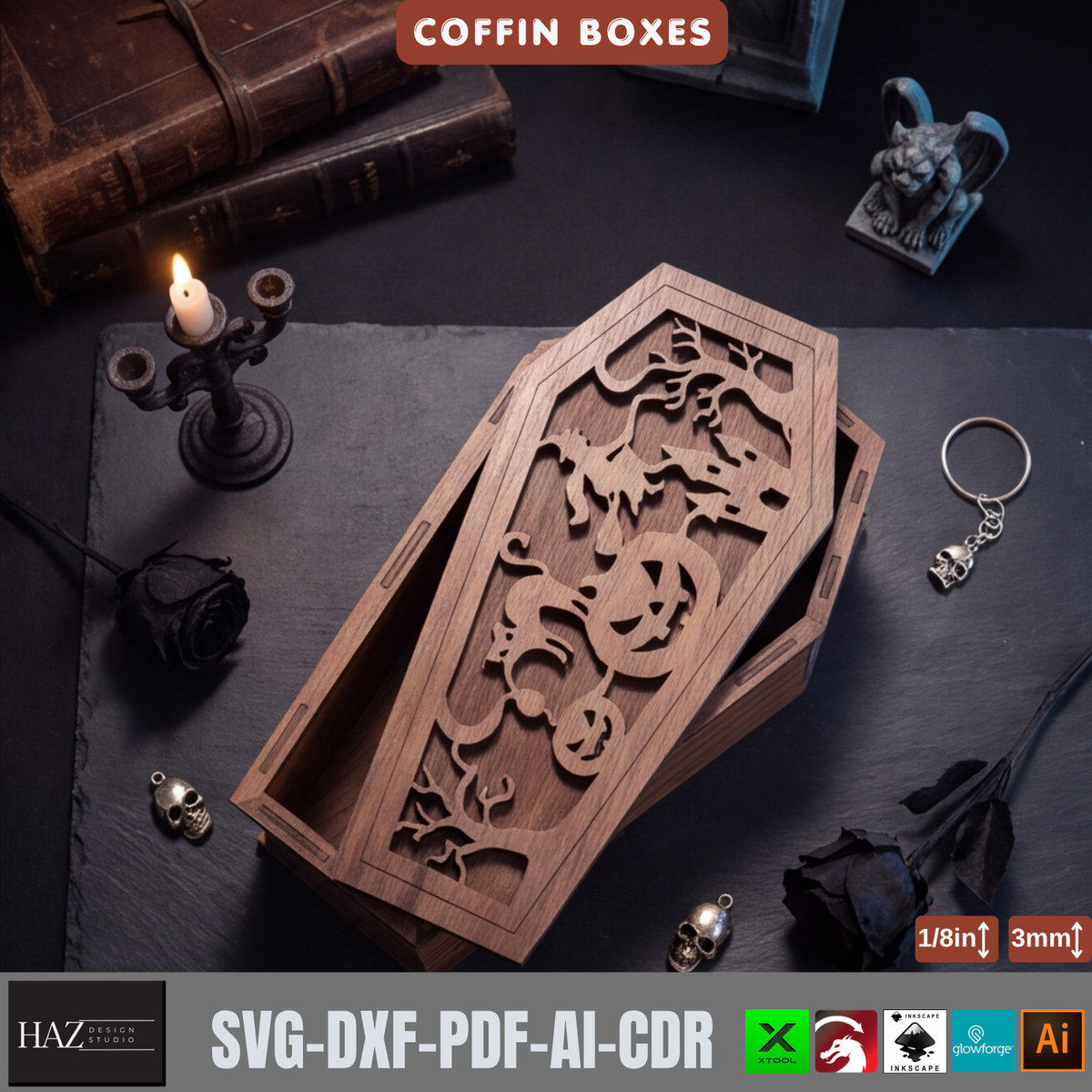 Halloween Coffin Box Laser Cut Template, Gothic Wood Keepsake Casket Pattern, Trick or Treat Candy Holder, Spooky Plywood Decor