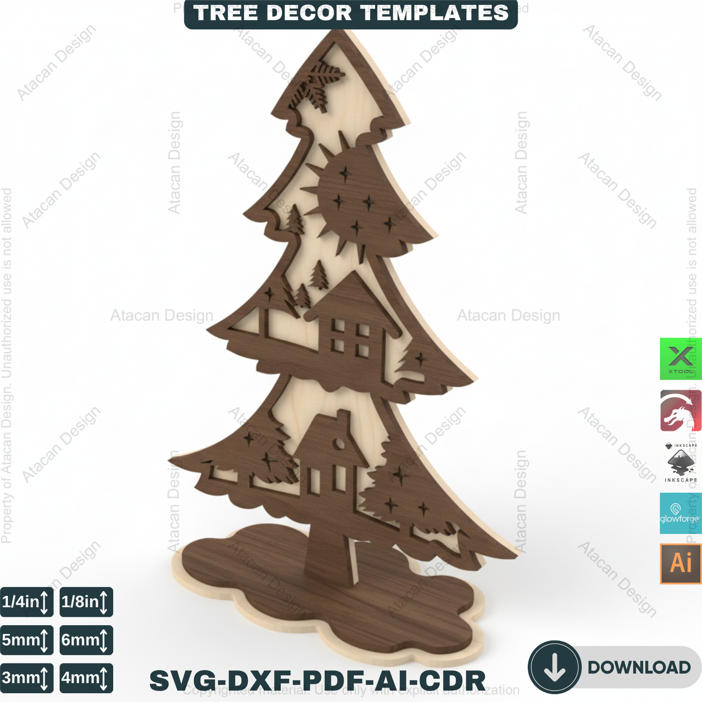 3D Standing Christmas Tree Decor Bundle | Laser Cut Wooden Tree Ornaments | Holiday Table Decoration | Xtool Craft Template 909