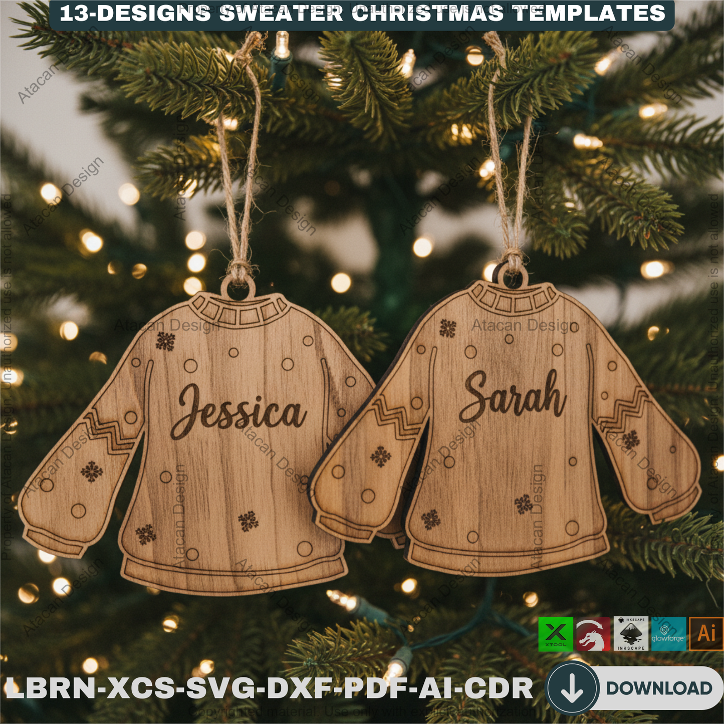 Personalized Sweater Christmas Ornament Bundle | 13 Holiday Designs | Laser Cut Template Set for DIY Xmas Gifts 918