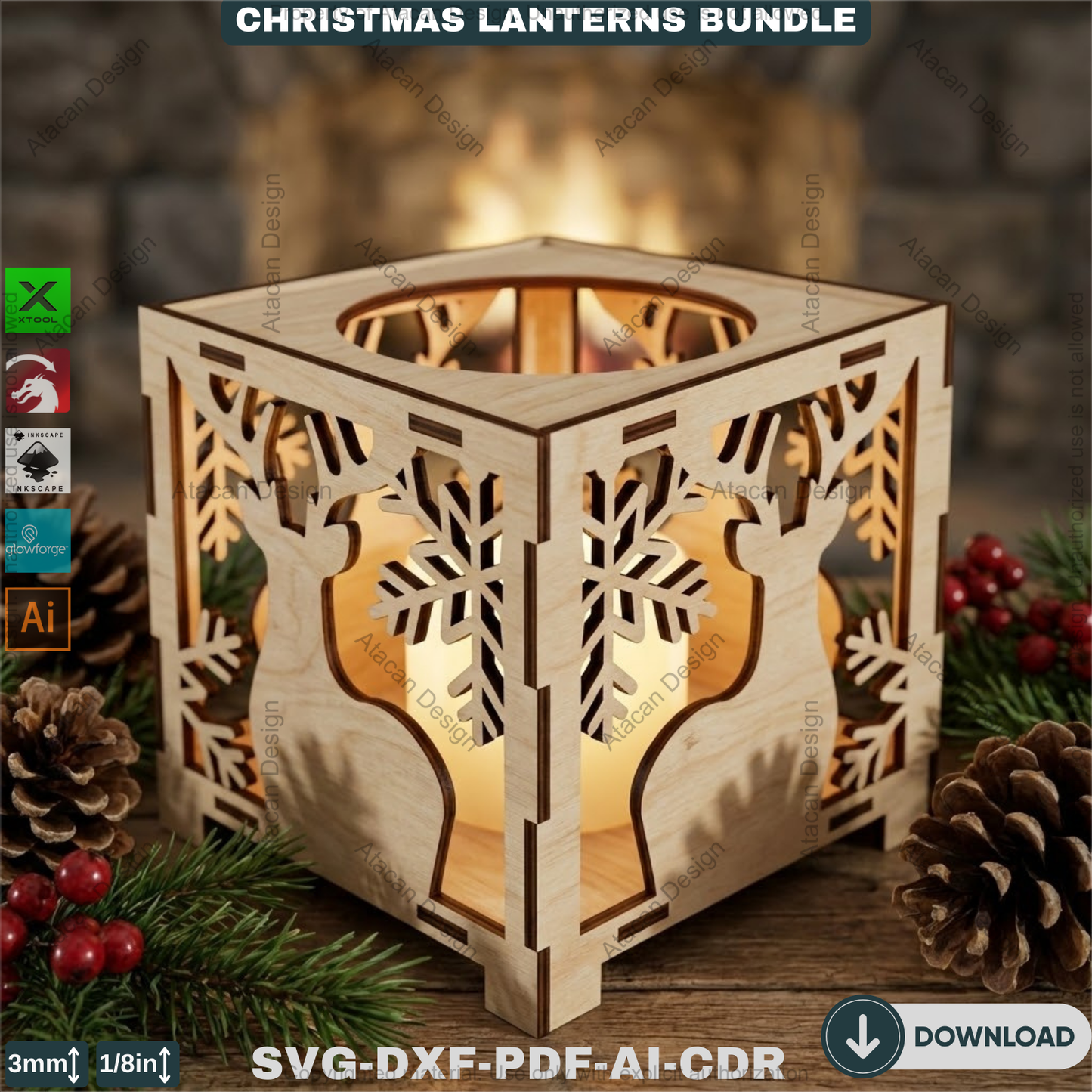 Christmas Lantern Laser Cut Bundle, Wooden Tealight Holder, Xmas Candle Box, Winter Decor, Reindeer Snowman Template 927