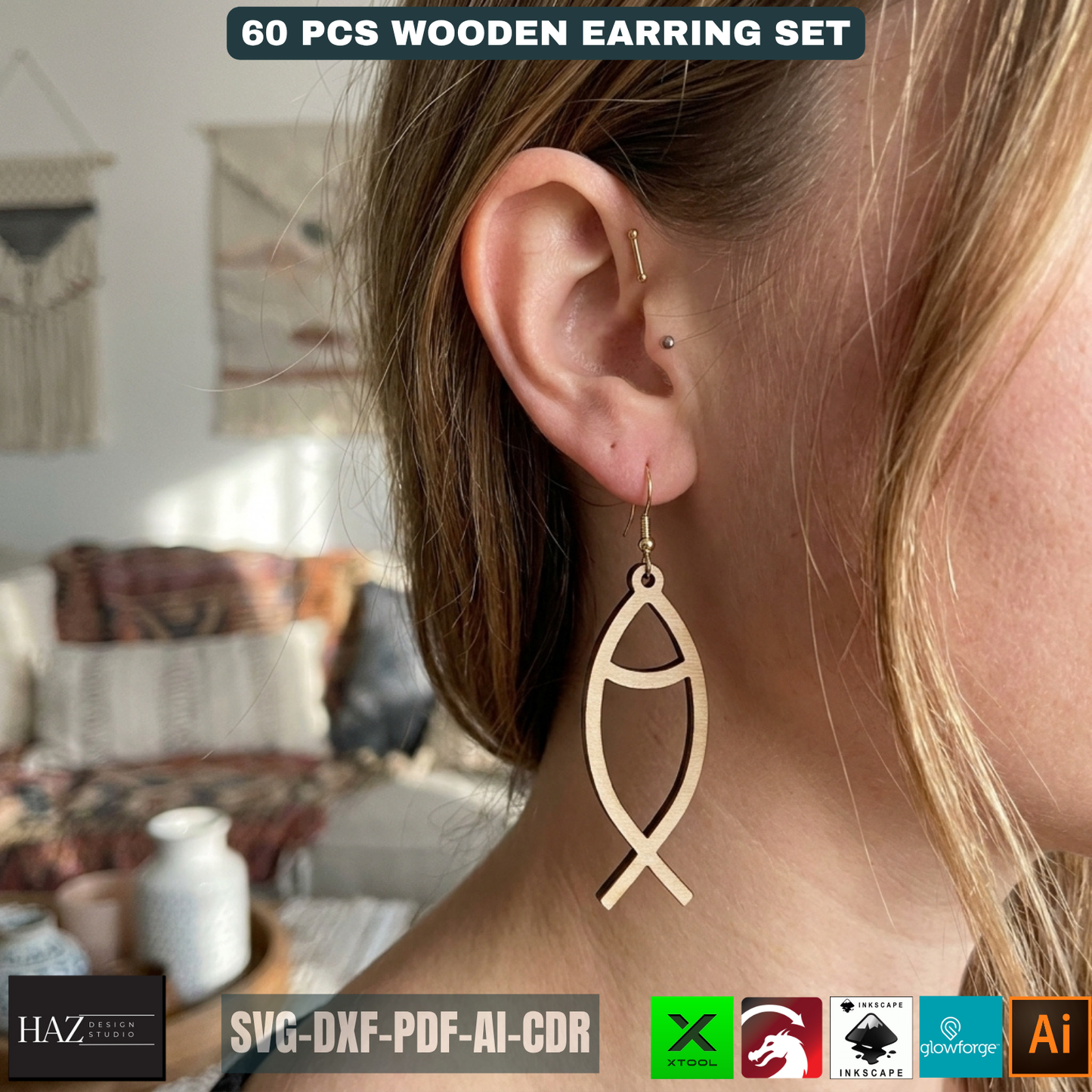 60 Wooden Earring Laser Cut Files SVG Bundle Jewelry Templates Plywood Jewelry Shapes