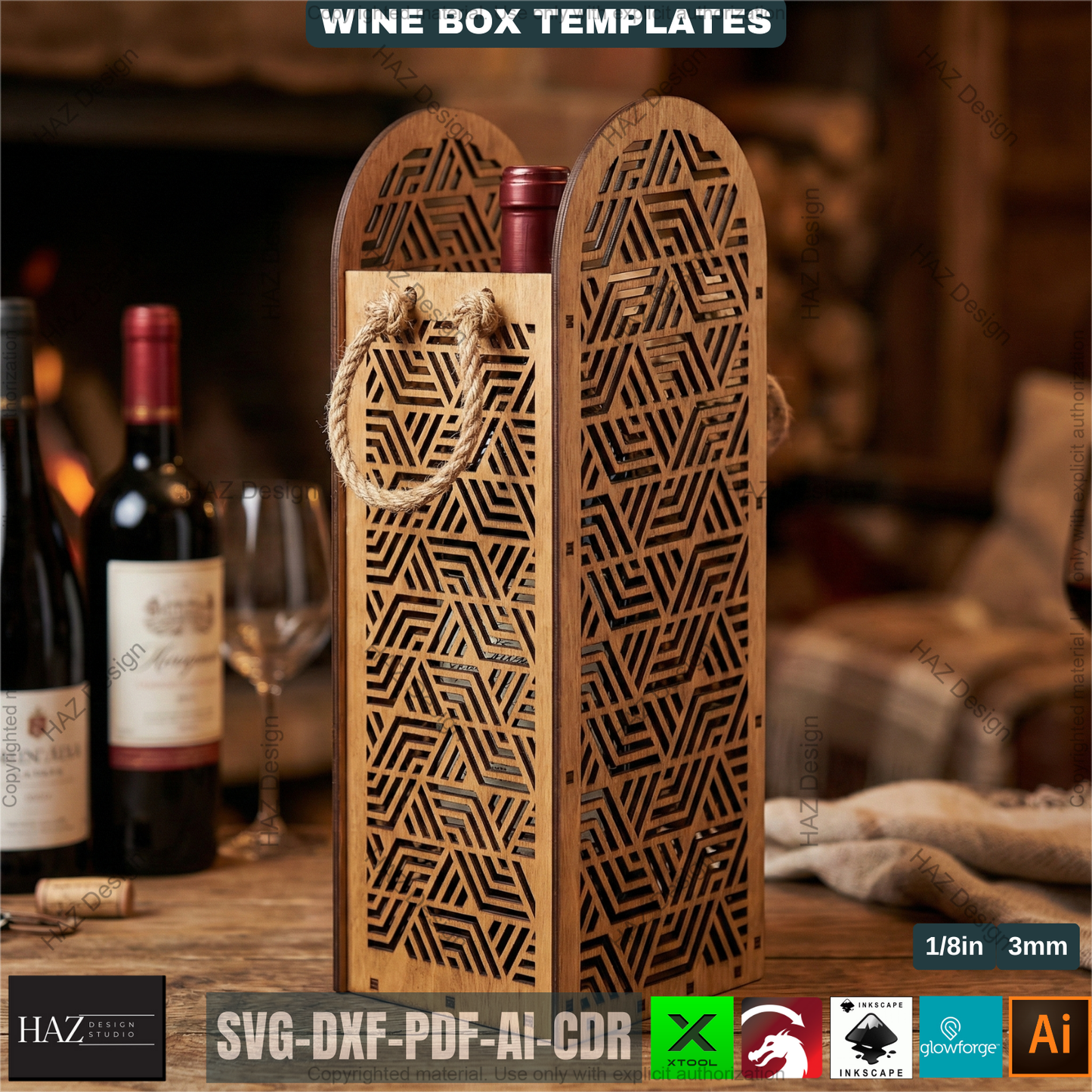 Laser Cut Wooden Wine Bottle Gift Box Bundle for DIY, Elegant Wine Carrier Templates for Laser Cutting Projects 512