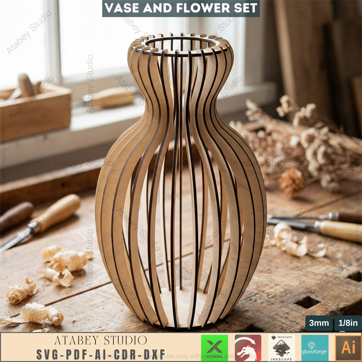 Laser Cut Wooden Vase with Flowers SVG Bundle - 5 Elegant Vases & 6 Wildflower Designs, 3D Layered Floral Table Decor 984