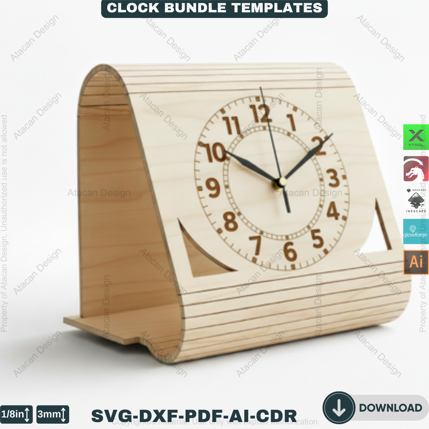 Laser Cut Clocks, Modern Desk Clock Templates, DIY Wooden Table Clock Plans, CNC File for Glowforge, Xtool & Lightburn 914