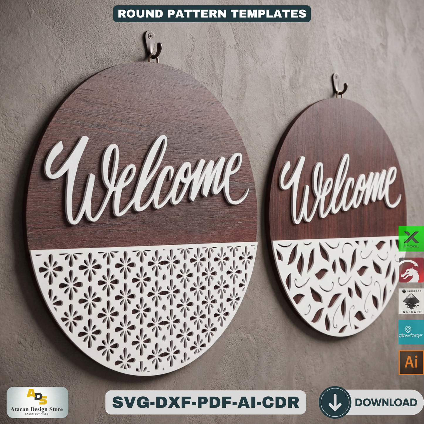 Door sign with patterns / Glowforge laser cut files / Door hanger Templates ADS115
