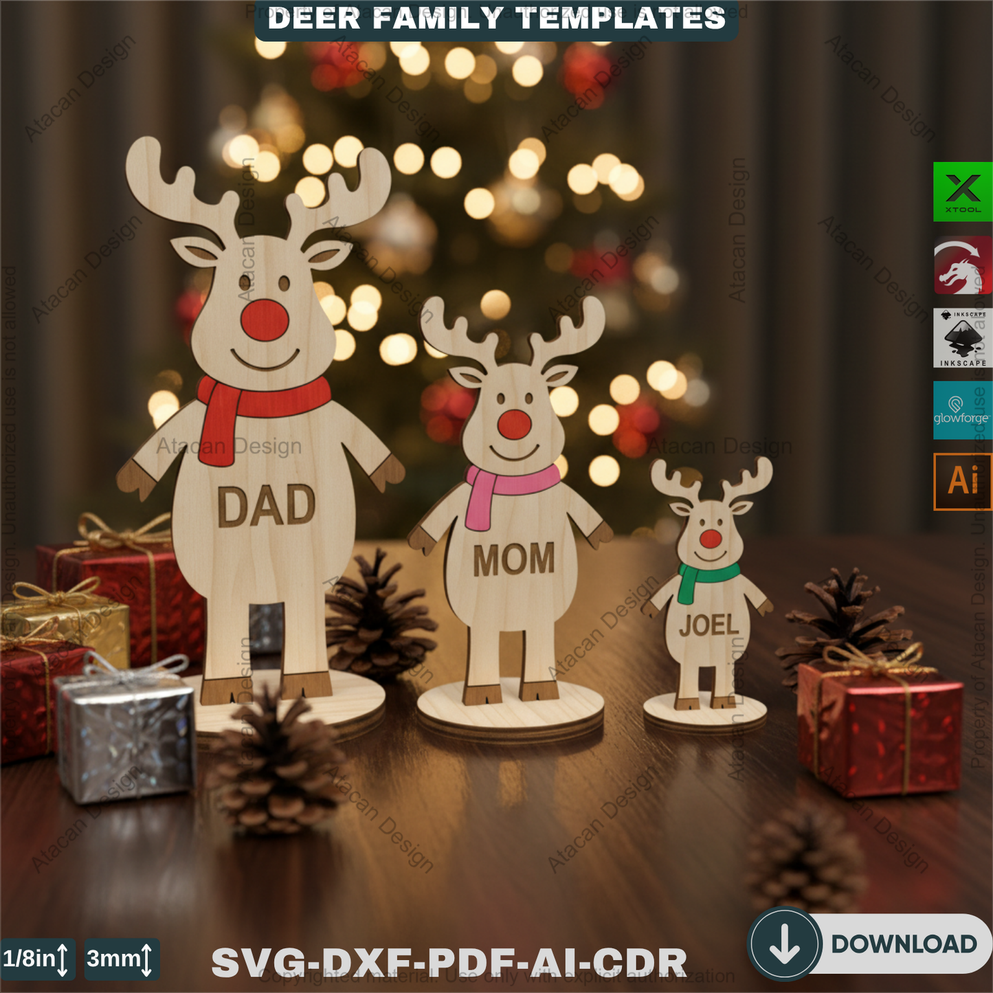 Personalized Reindeer Family Names Template | Freestanding Wooden Deer Family | Christmas Laser Cut Design 917