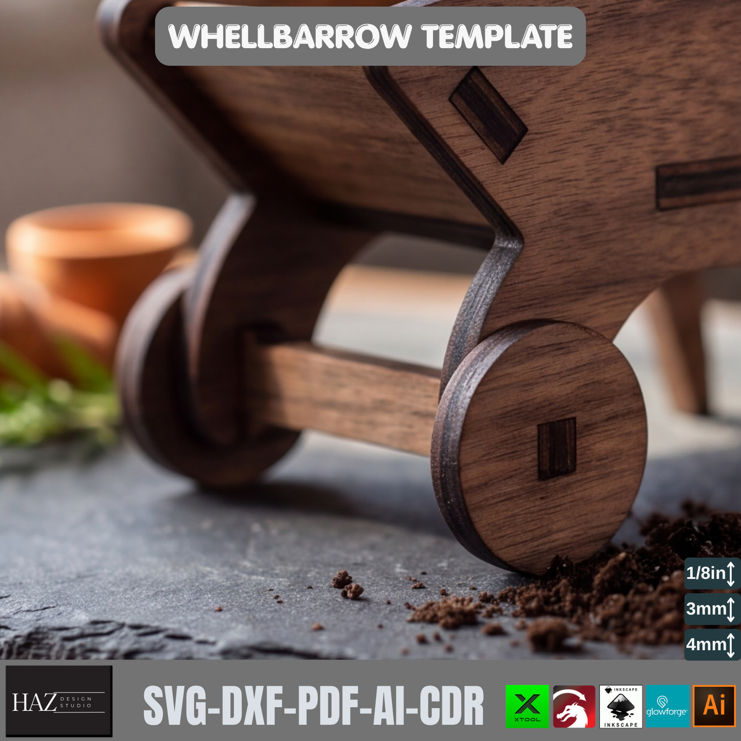 Wheelbarrow Planter Laser Cut File SVG DXF Garden Cart Miniature Wood Decor