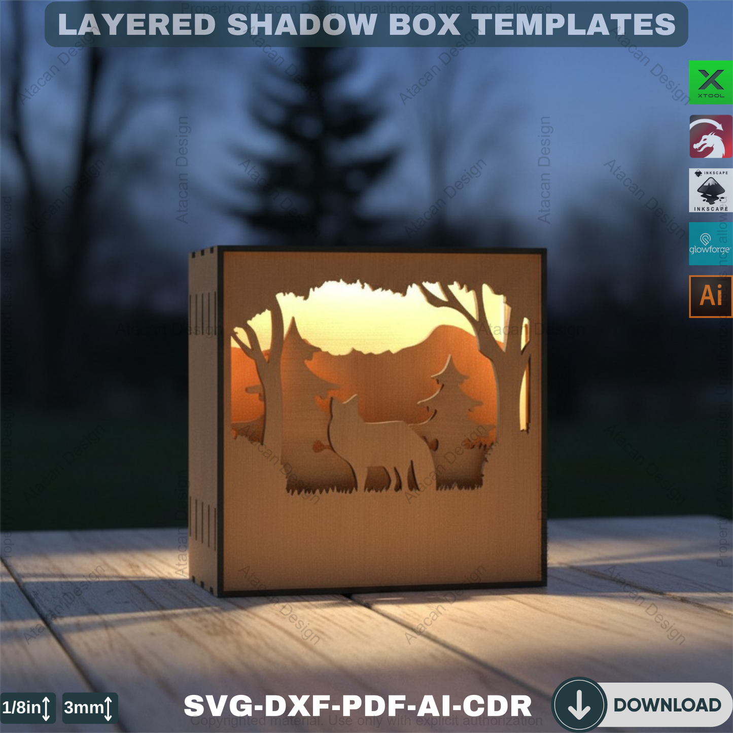 Wooden Wolf Forest Night Lamp – Multilayer Shadowbox for Laser Cutting 791
