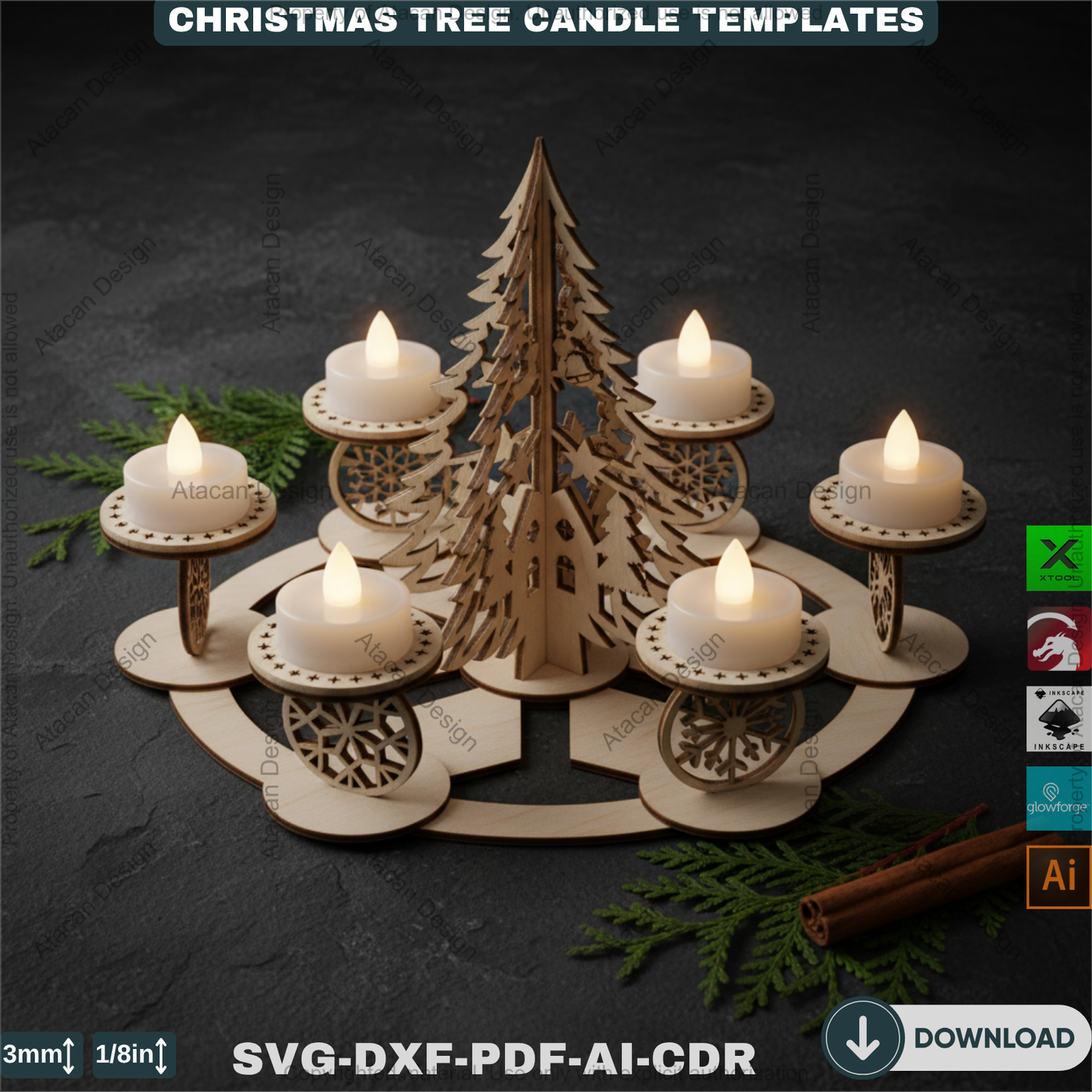 Festive Christmas Tree Tea Light Holder Laser Cut Digital Template, Holiday Advent Wreath Candle Stand, New Year Snowflake Tealight Decor 911
