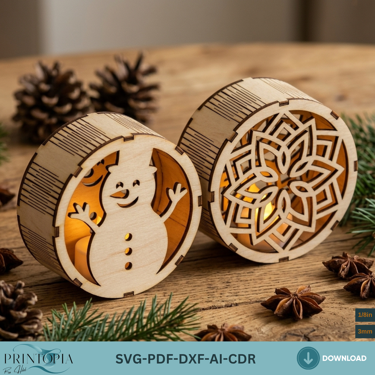 Laser Cut Christmas Night Light Bundle, Round Wooden Lanterns, DIY Holiday Candle Holder Designs 380