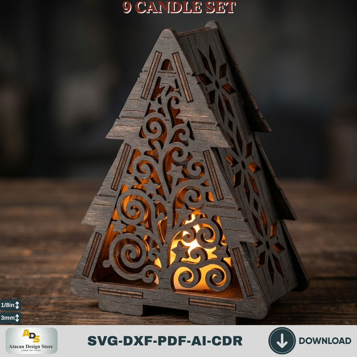 Laser Cut Christmas Lantern Bundle, Tealight Holder Template Set of 9, Snowflake Reindeer Gnome