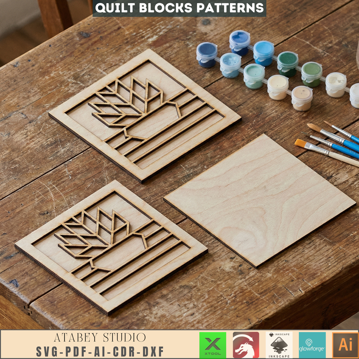 Geometric Quilt Block Wall Art Laser Cut Design Modern Farmhouse Wood Heart Butterfly Potted Flower 988