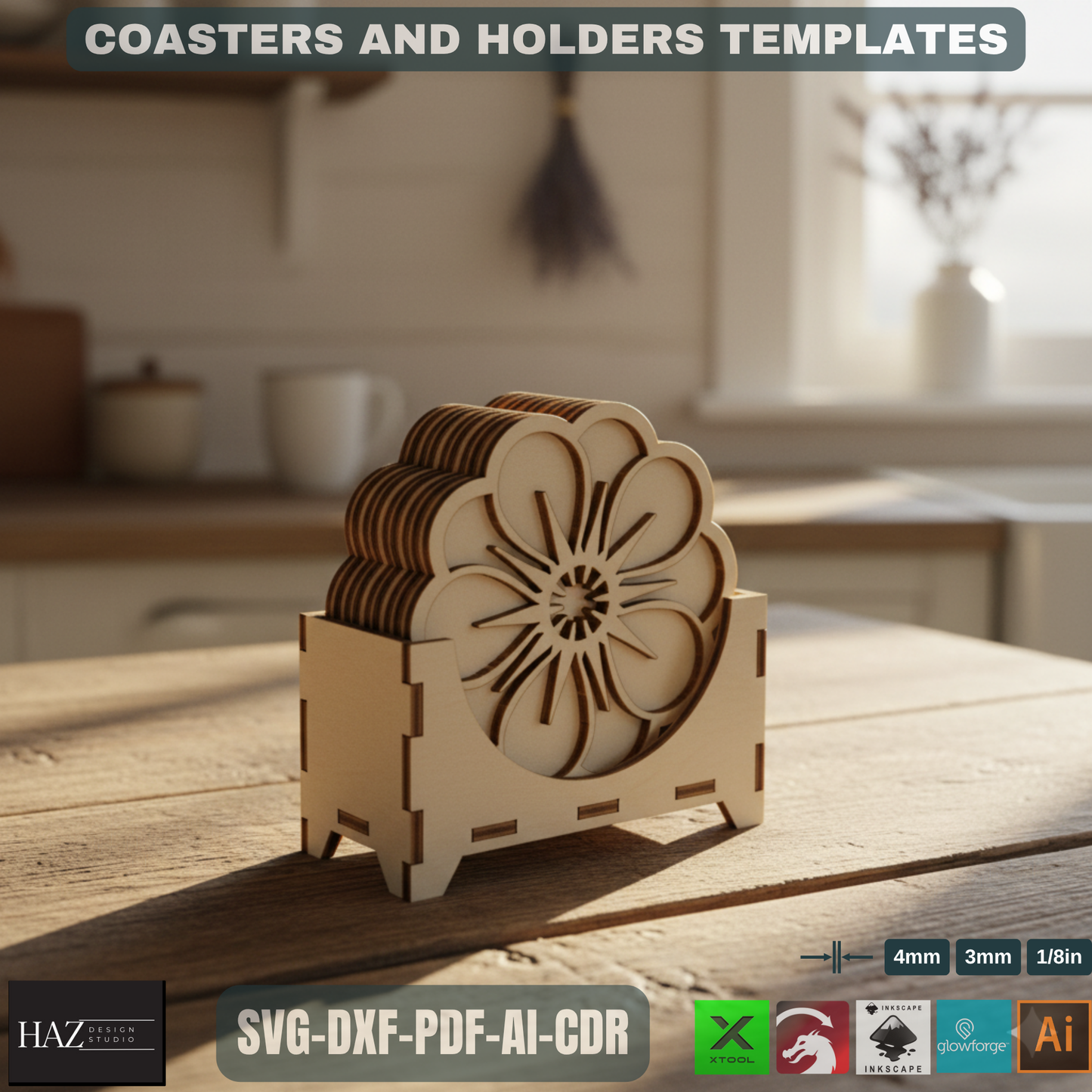 Floral Coaster Designs with Holder / Digital File for Laser Cutting / Decorative Coaster and Box Bundle 483