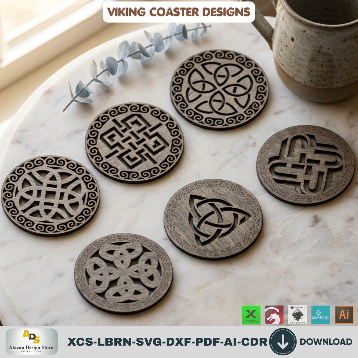 Viking Celtic Knot Coaster Laser Cut Template Set of 6 Designs