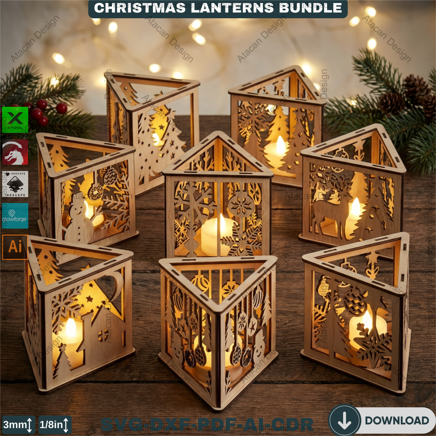 Christmas Lanterns Bundle Laser Cut Templates | Holiday Candle Box Decor | Tealight Holder Designs 930