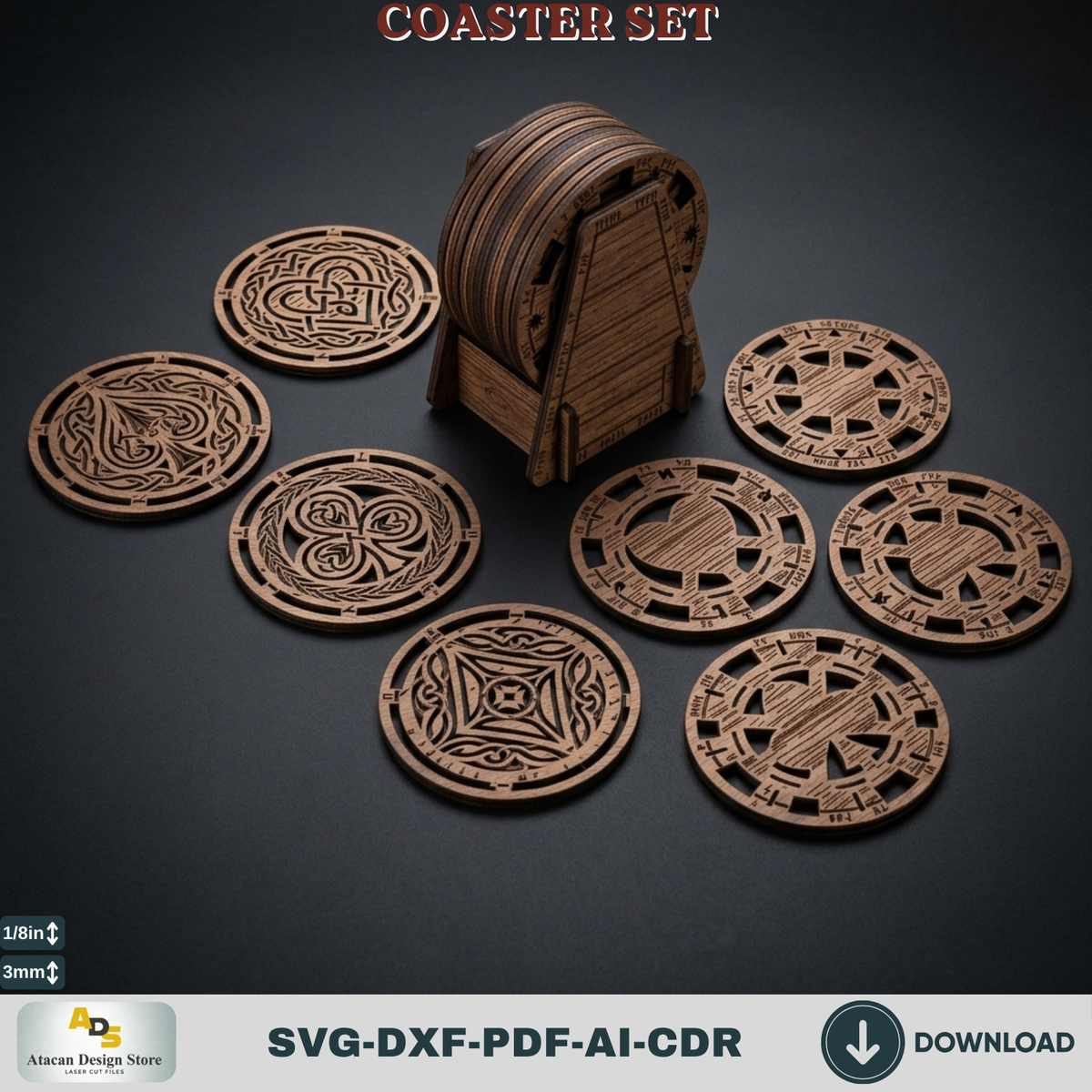 Norse Rune Coaster Template with Stand, Celtic Card Suit Drink Coasters, Laser Cut Bar Gift Bundle