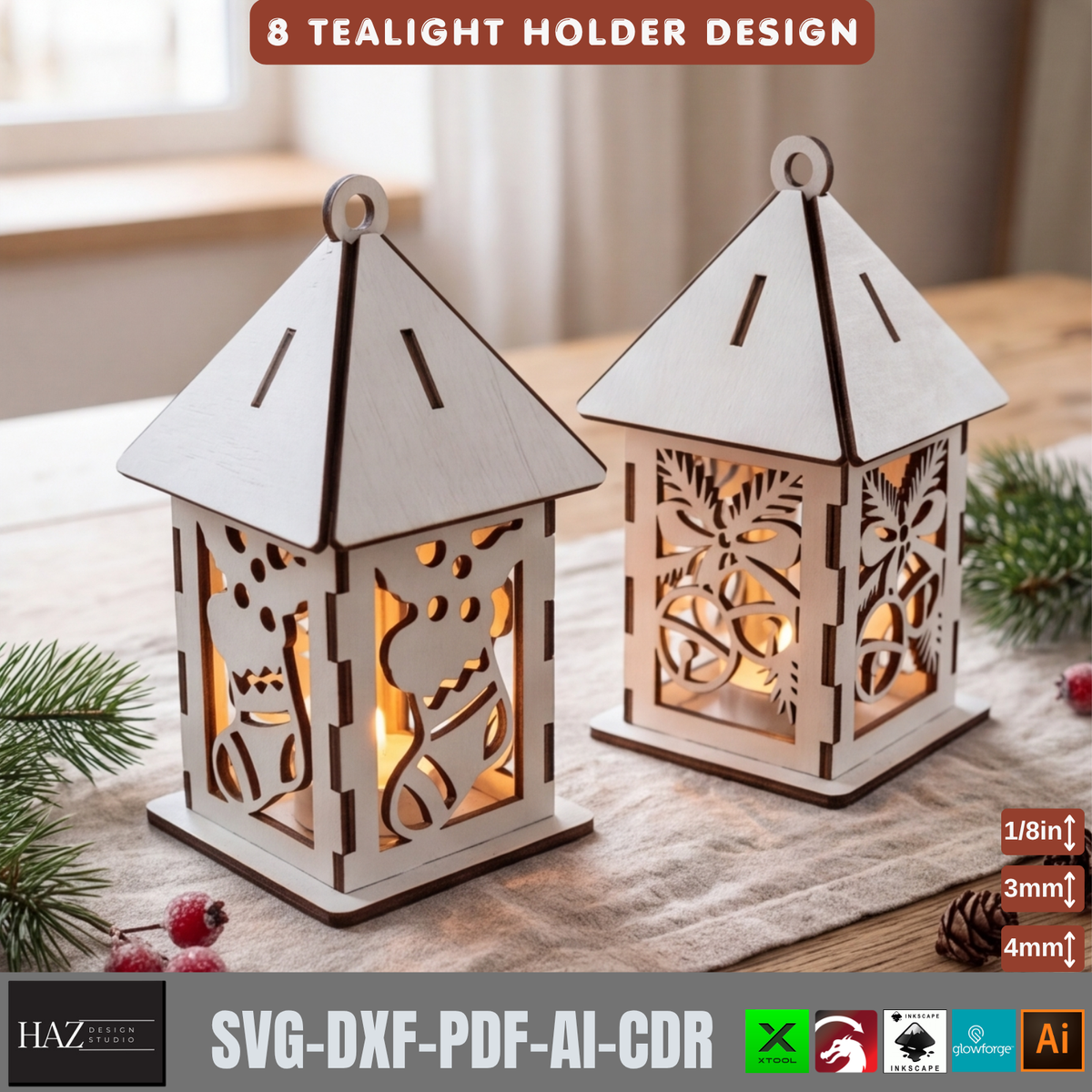 8 Christmas Tealight Lantern Laser Cut Pattern Wooden Candle Holder Template