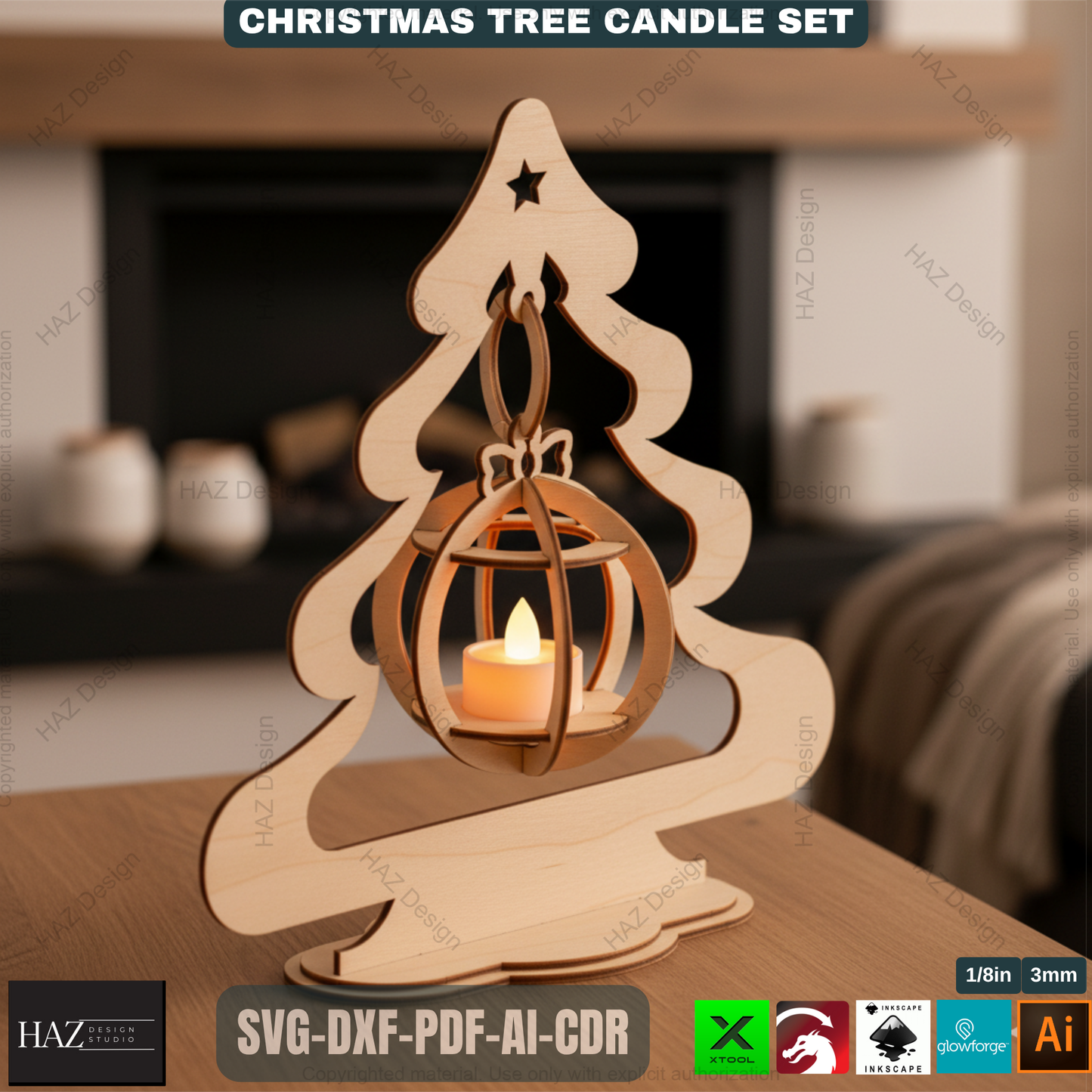 Title: Christmas Tree Tealight Holders Laser Cut Files Wooden Ornament Candle Stands Xmas Decor Templates Glowforge Xtool SVG 494