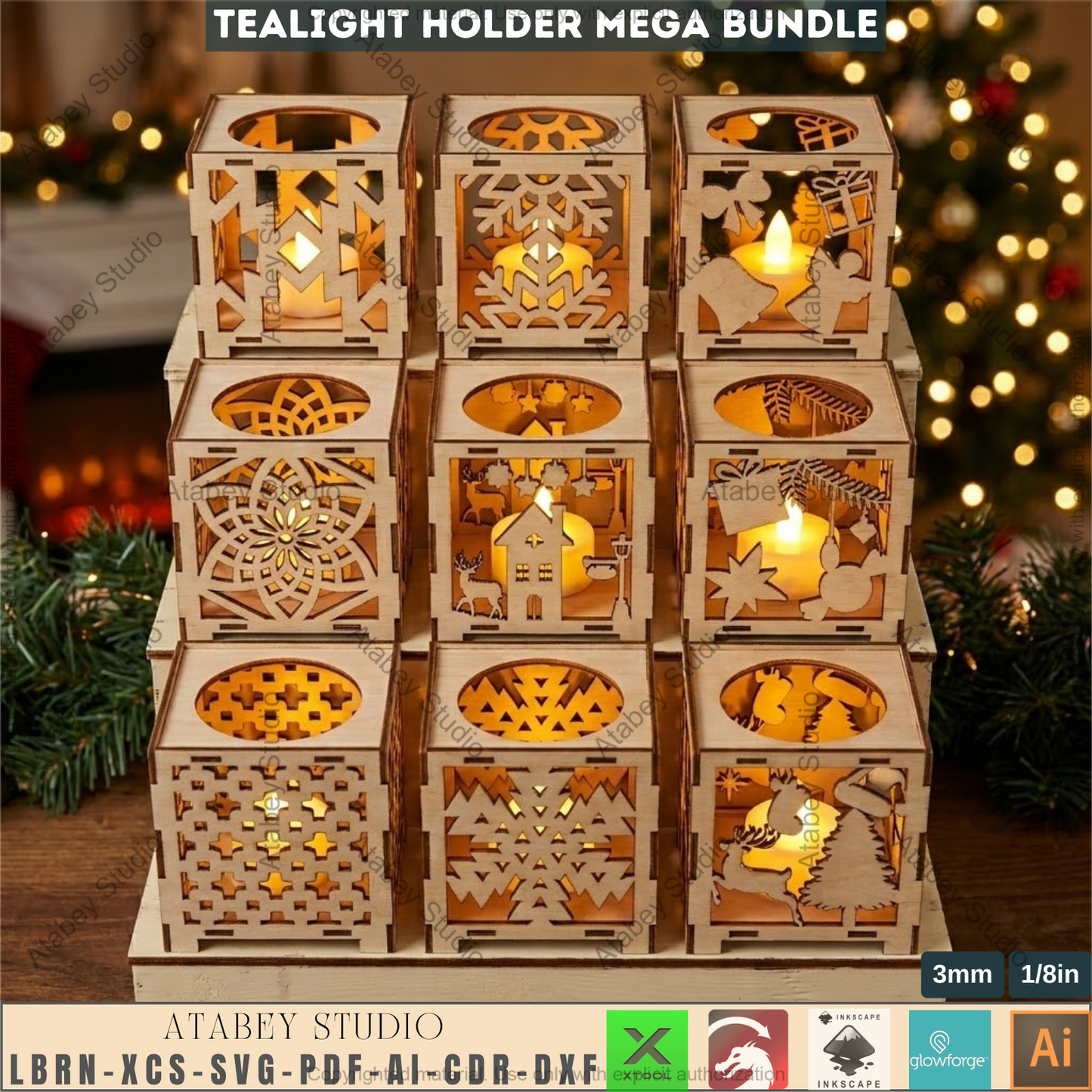 Christmas Tealight Holder Mega Bundle Laser Cut Lanterns | Wooden Candle Box Templates 981