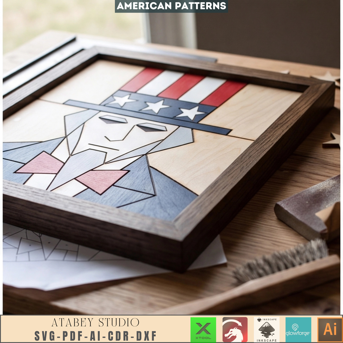 Uncle Sam 4th of July Wood Sign Patriotic Intarsia Pattern Independence Day Decor