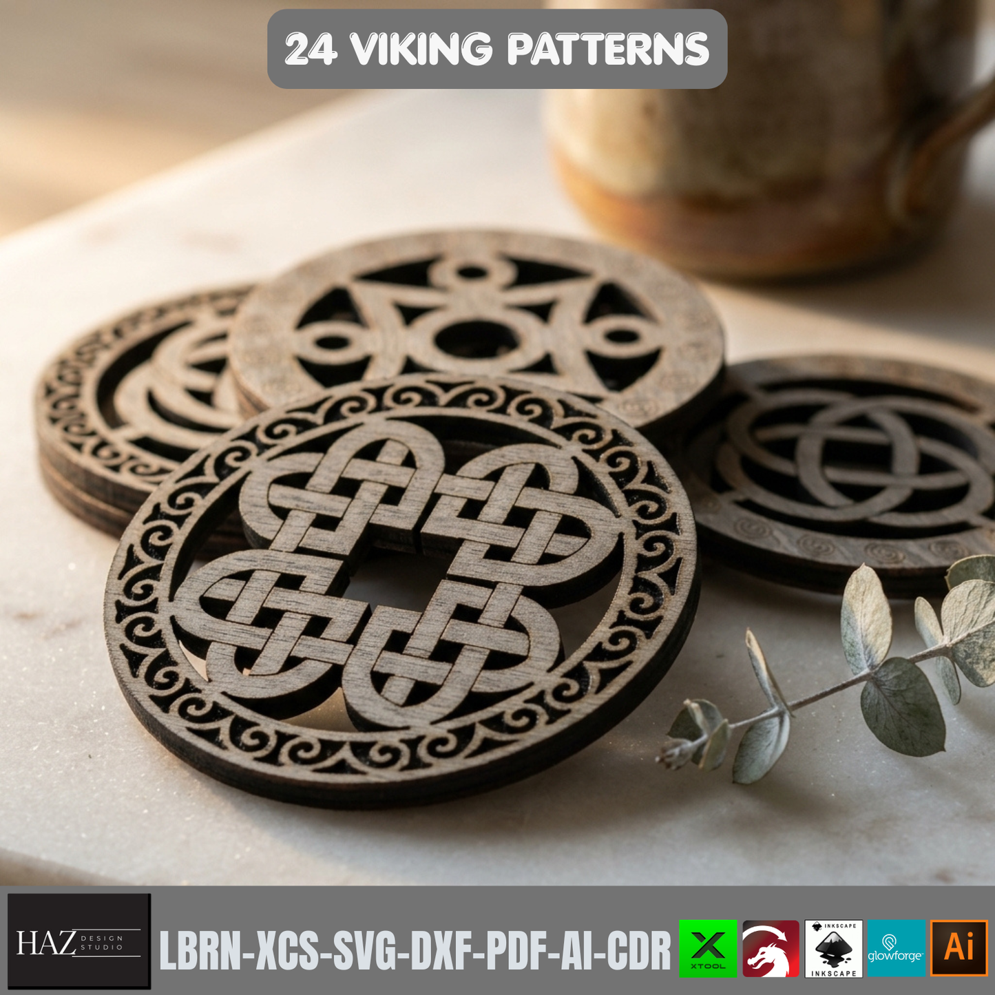 24 Viking Celtic Knot Coaster Laser Cut Patterns Bundle Norse Mythology Wood
