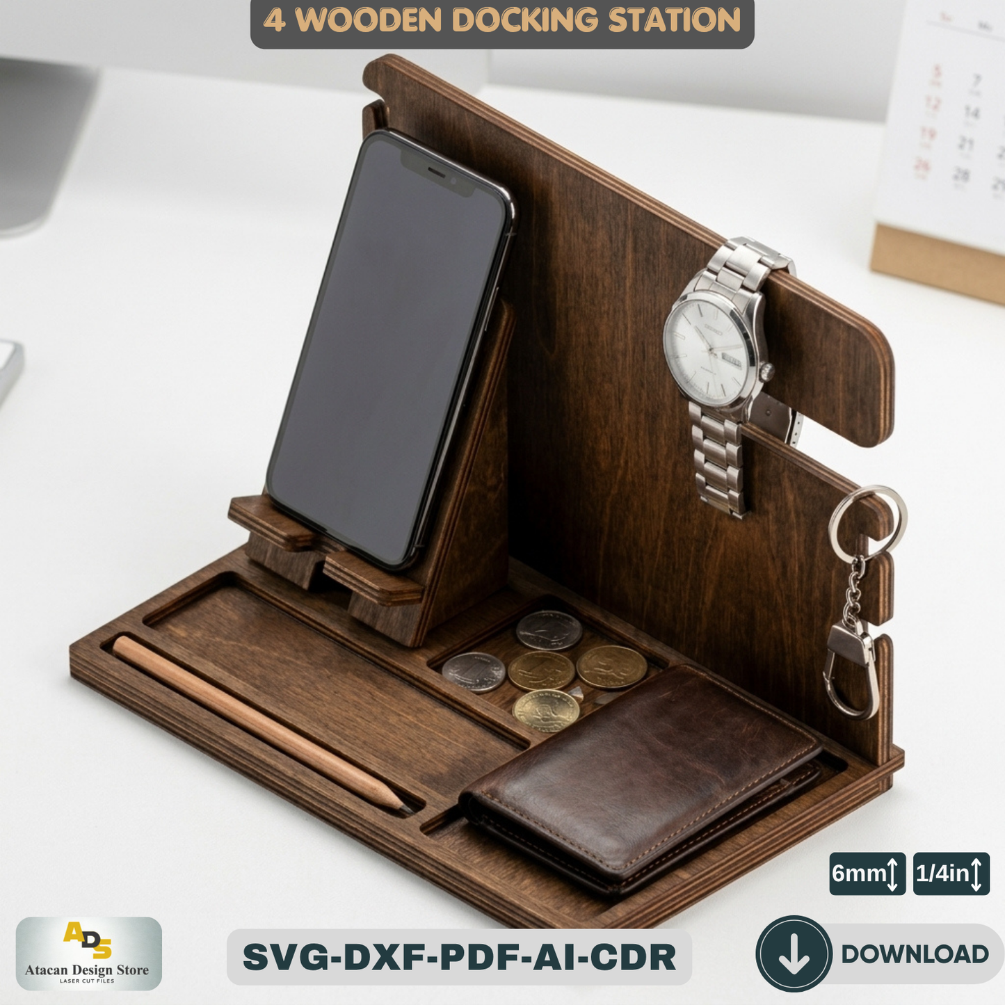 Wood Docking Station / Desk Organizer Phone Stand / Watch Holder / Father's Day Gift 947
