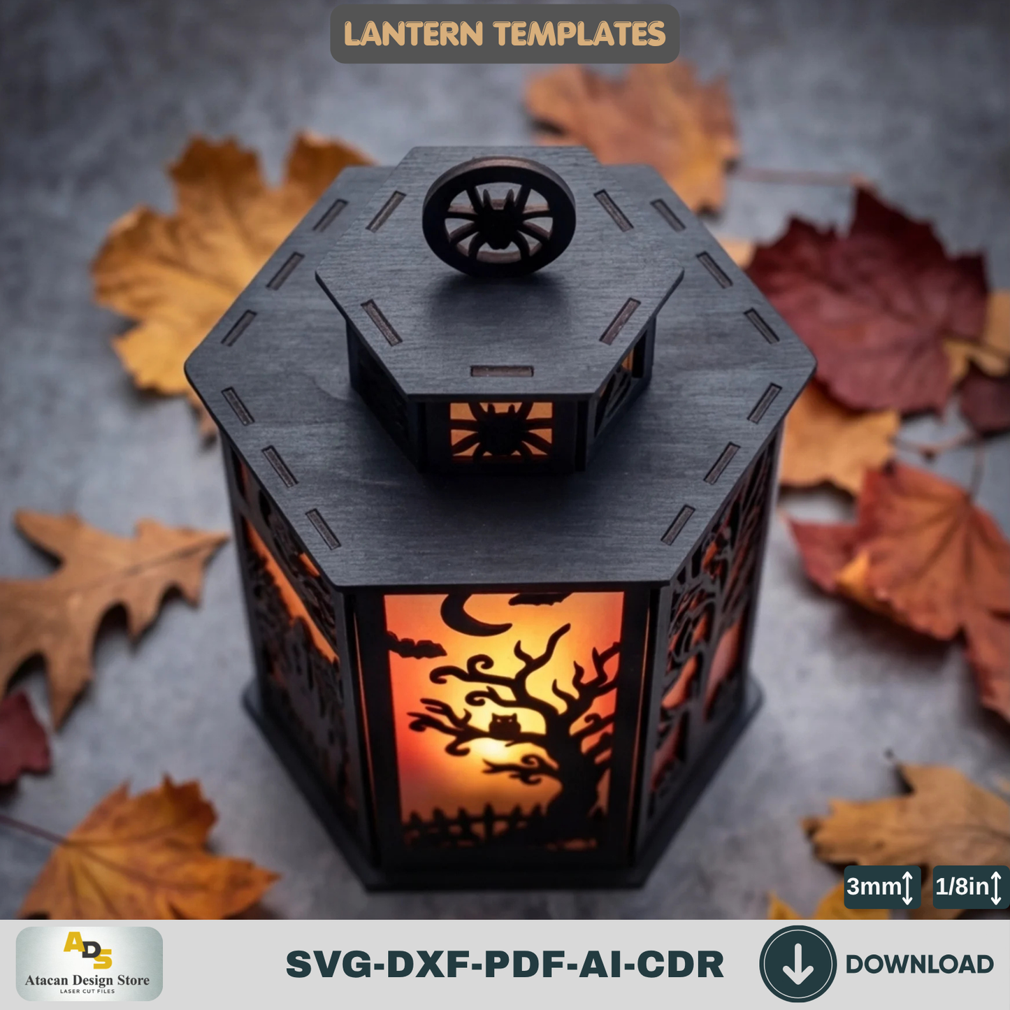 Halloween Lantern LaserCut Template Spooky Haunted House Tea Light Holder Wooden Witch Candle Box