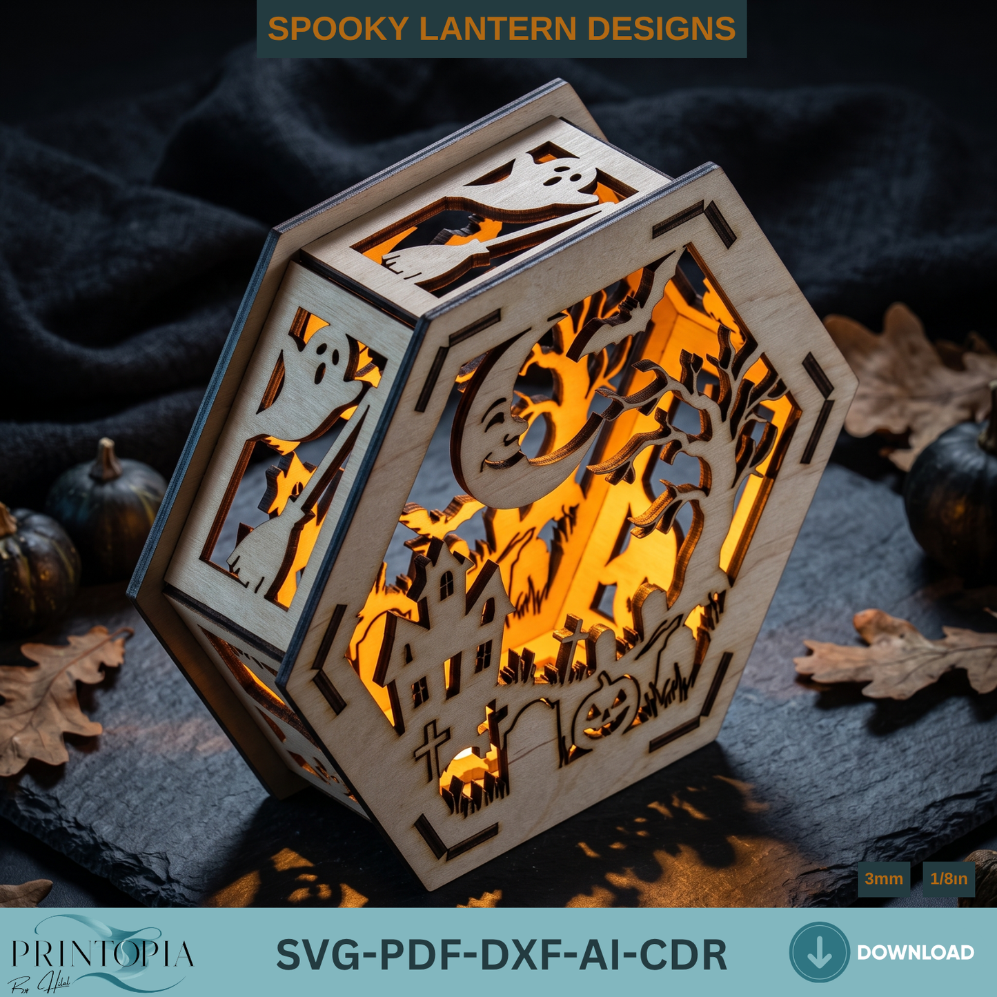 Halloween Lantern Laser Cut Files Bundle for Wooden Tealight Candle Holder Spooky Decor Template