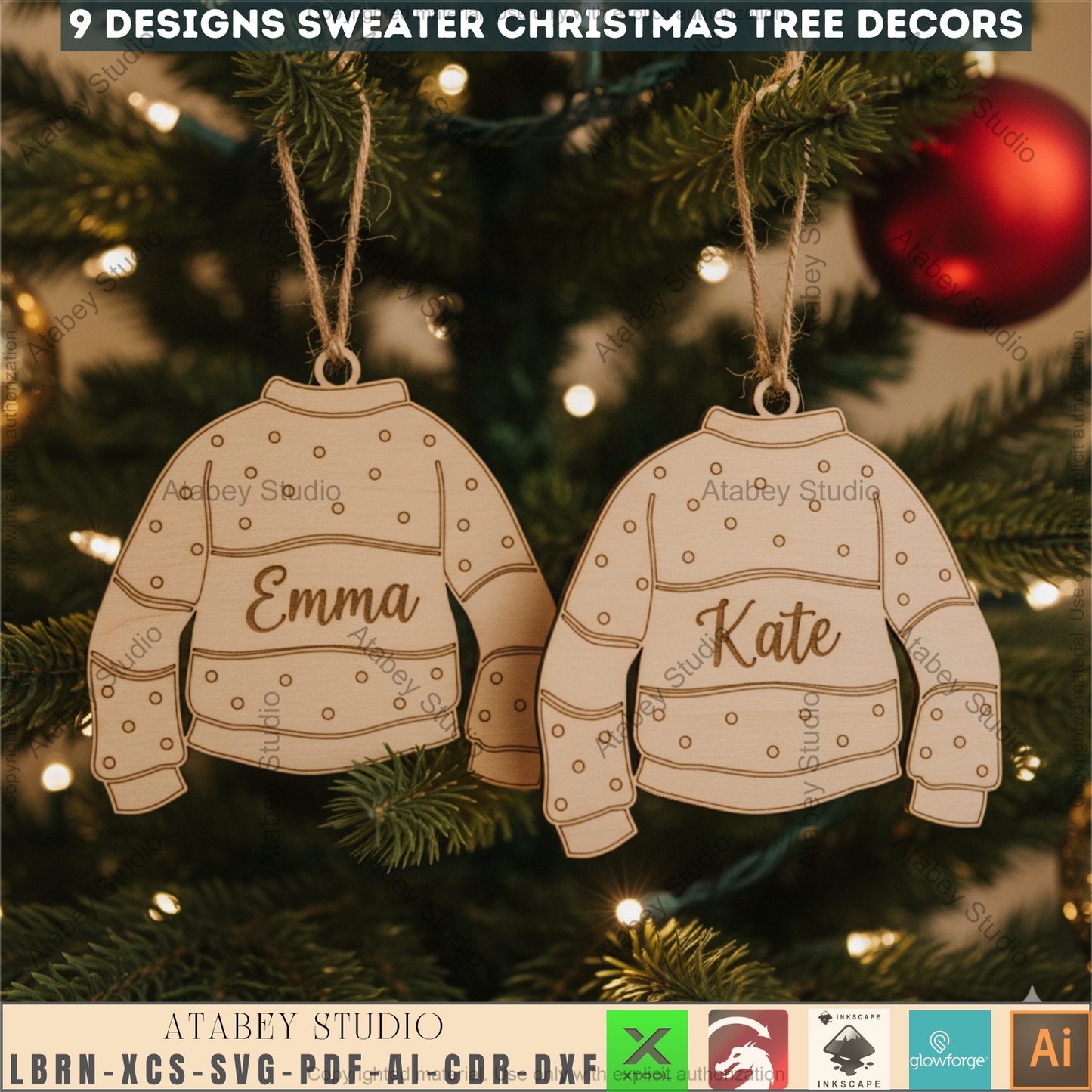 Personalized Ugly Sweater Christmas Ornament Bundle | Family Name Laser Cut Templates | DIY Xmas Decor 971