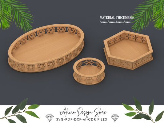 Decorative Tray Bundle | Laser Cut Ellipse, Round & Hexagon Wooden Trays 681