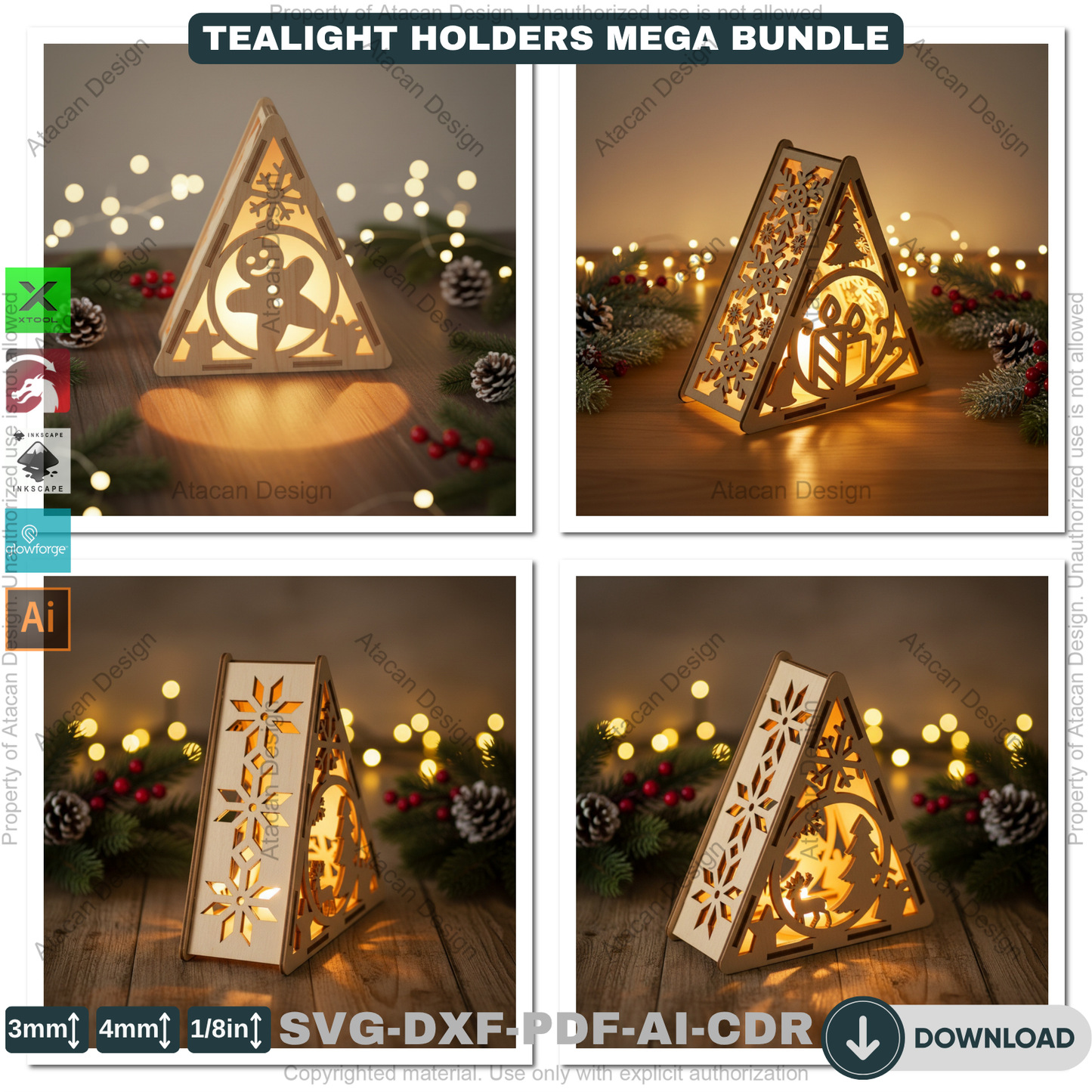 Christmas Pyramid Candle Holder Bundle Laser Cut Template Tealight Lantern Designs Winter Wood Decor Night Lights 919